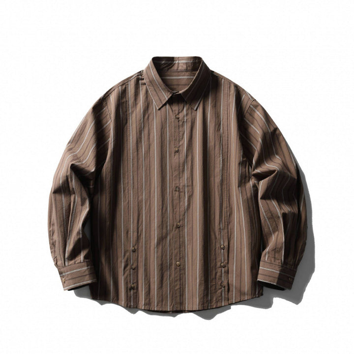 Unisex locker cut striped overshirt made of cotton blend with kent collar and side decorative button plackets Mune Fashion