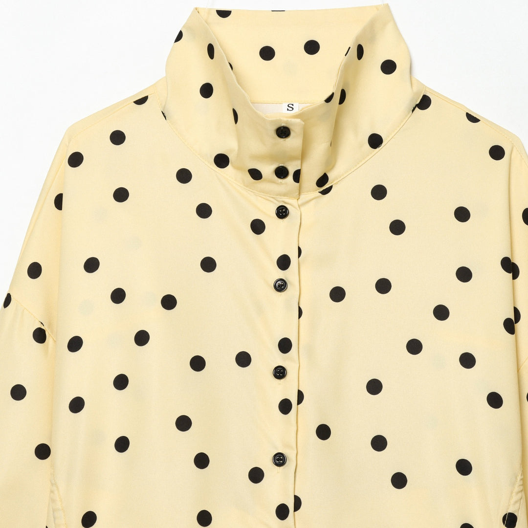 Women's Polka Dot Cropped Blouse with Stand Collar and Drawstring Mune Fashion