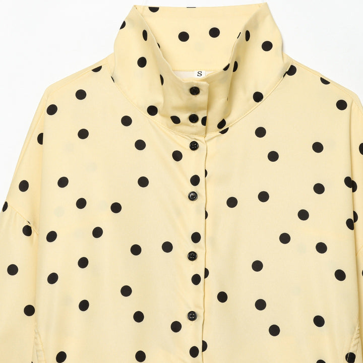 Women's Polka Dot Cropped Blouse with Stand Collar and Drawstring Mune Fashion