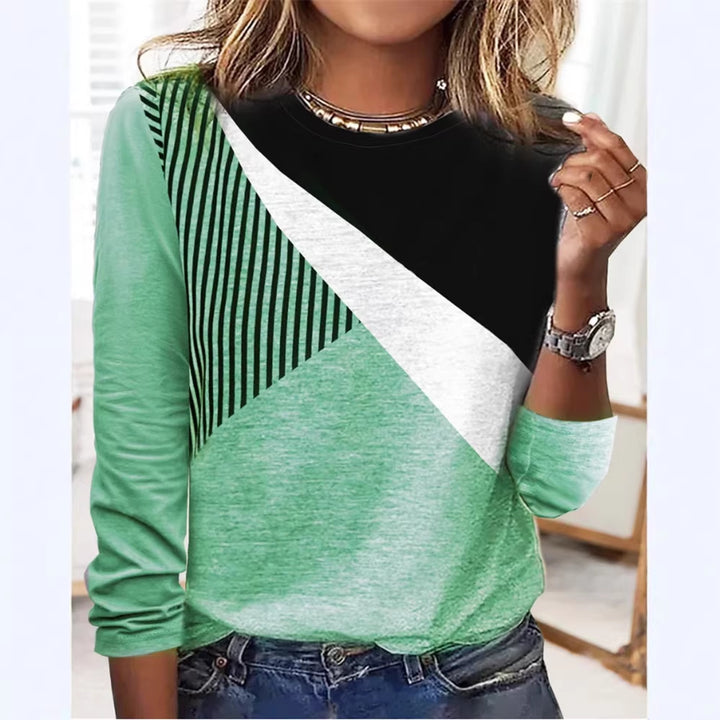 Women's Colorblock Long Sleeve Shirt with Diagonal Stripe Design and Round Neckline Mune Fashion