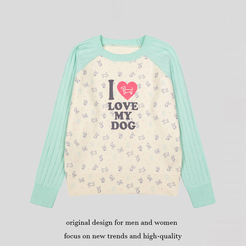 Women's knitted raglan sweater with heart dog motif, ribbed sleeves and all-over print Mune Fashion