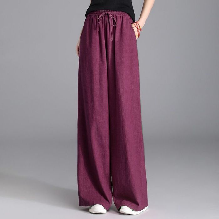 Women's wide Palazzo linen pants with elastic drawstring waistband and side pockets Mune Fashion