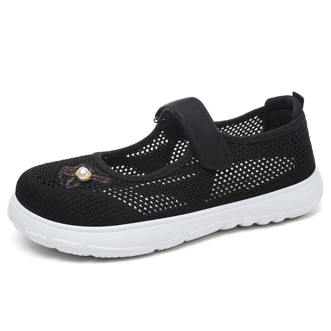 Women's knitted Mary Jane sneakers with Velcro strap, breathable knitted upper, decorative pearl appliqué, and cushioning EVA sole Mune Fashion