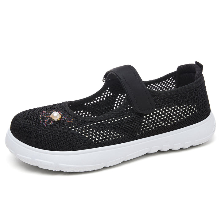 Women's knitted Mary Jane sneakers with Velcro strap, breathable knitted upper, decorative pearl appliqué, and cushioning EVA sole Mune Fashion