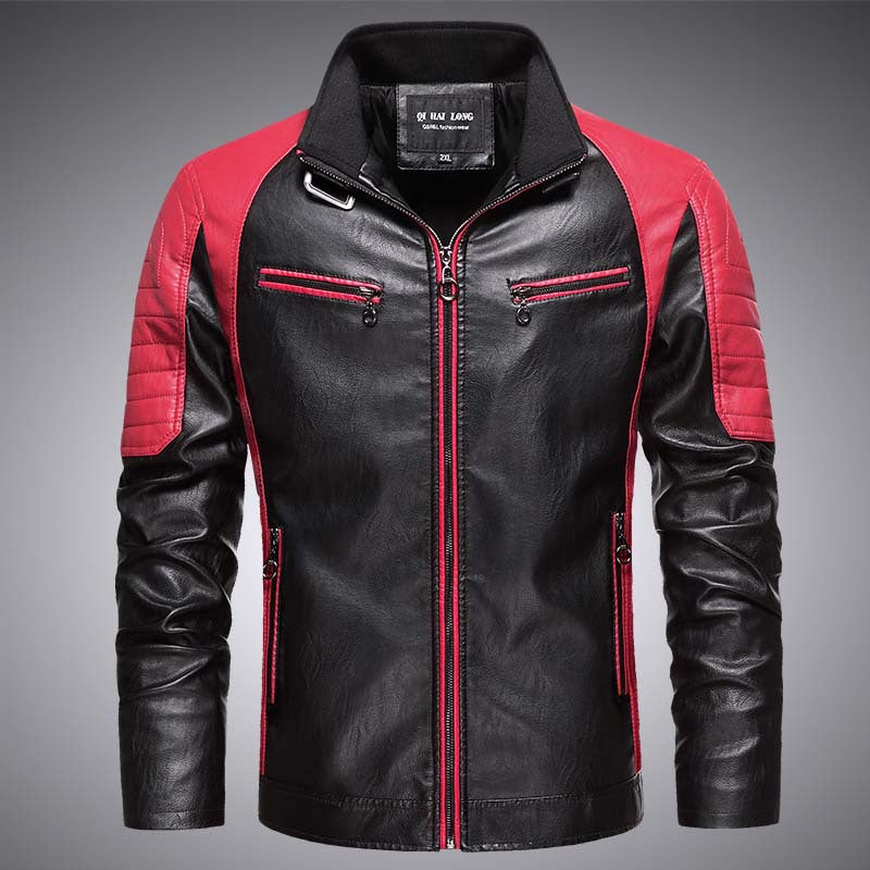 Men's biker faux leather jacket in racing style with stand-up collar and zippered pockets Mune Fashion