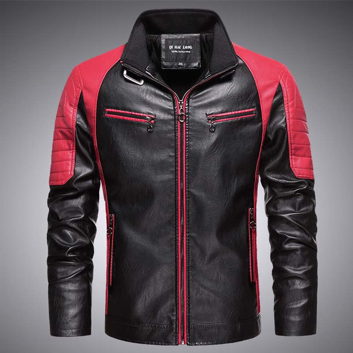 Men's biker faux leather jacket in racing style with stand-up collar and zippered pockets Mune Fashion