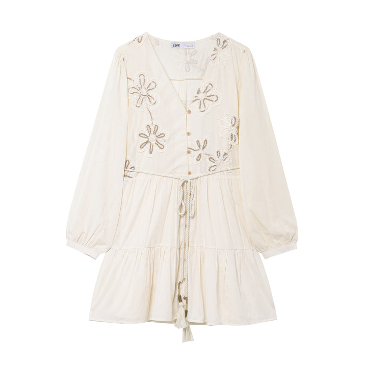 Ladies Embroidered Boho Dress with V-Neck, Drawstring and Tiered Skirt Mune Fashion