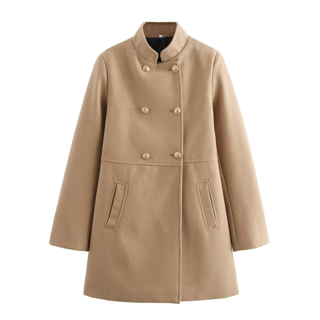 Women's Double-Breasted Wool Blend Coat with Stand Collar and Decorative Buttons Mune Fashion