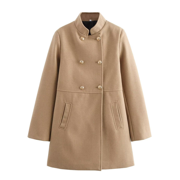 Women's Double-Breasted Wool Blend Coat with Stand Collar and Decorative Buttons Mune Fashion