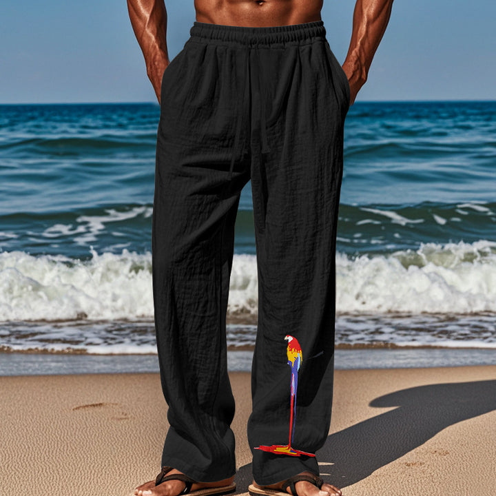 Men's casual linen lounge pants with elastic comfort waistband, drawstring, wide leg, and decorative parrot embroidery Mune Fashion