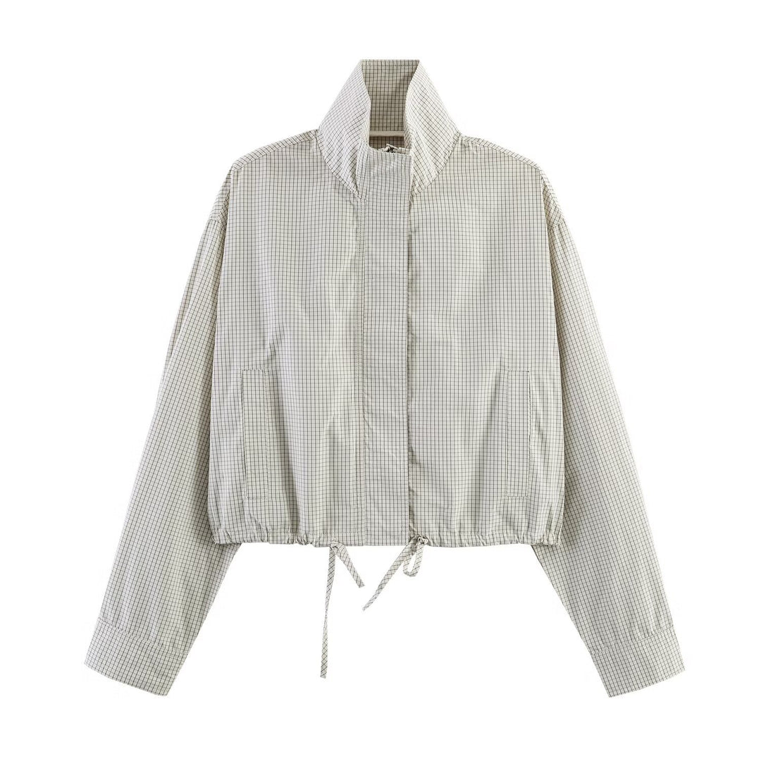 Women's Cropped Windbreaker with Stand-Up Collar, Checkered Pattern and Drawstring Mune Fashion