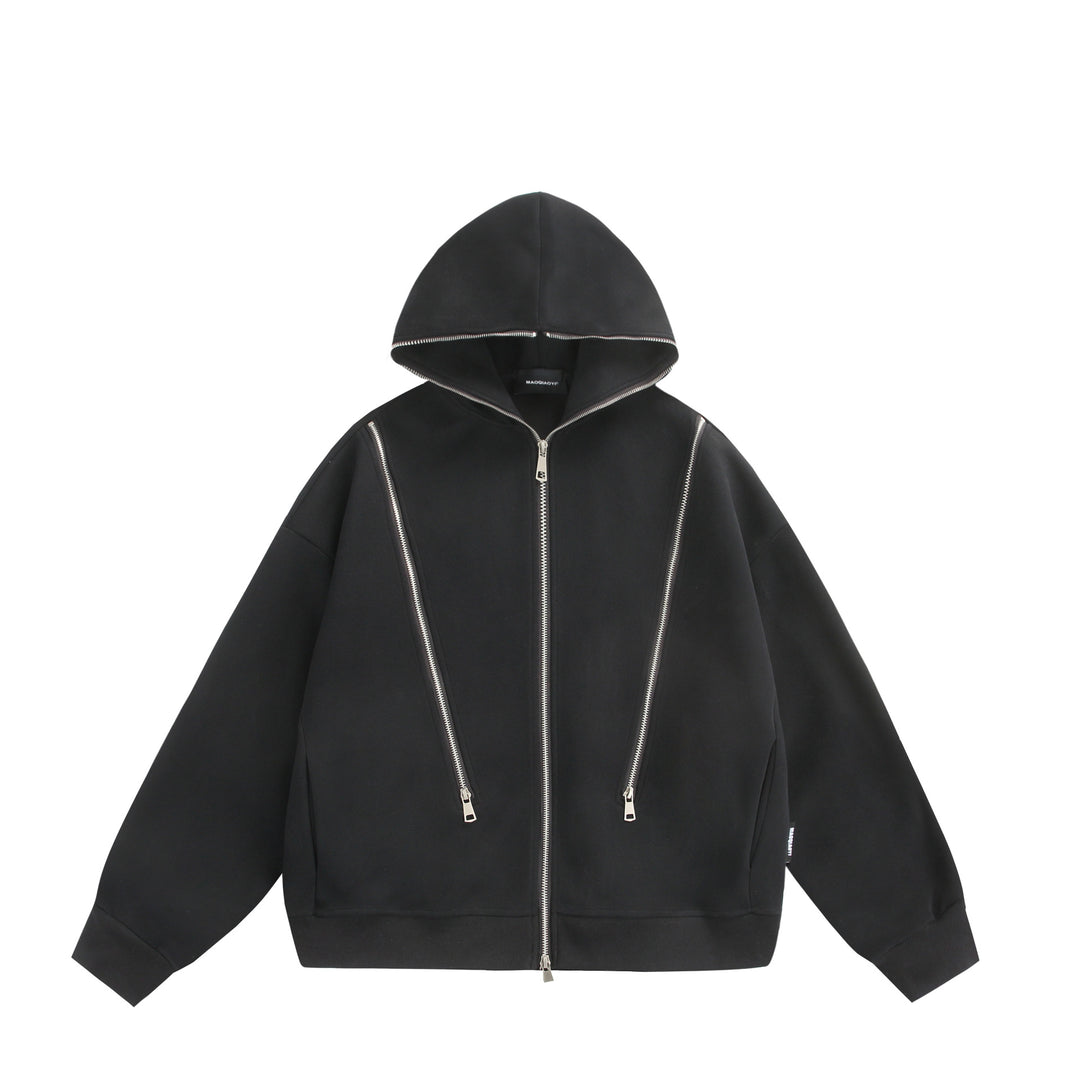 Unisex Hooded Sweat Jacket with Double Zipper and Decorative Seam Panel Mune Fashion