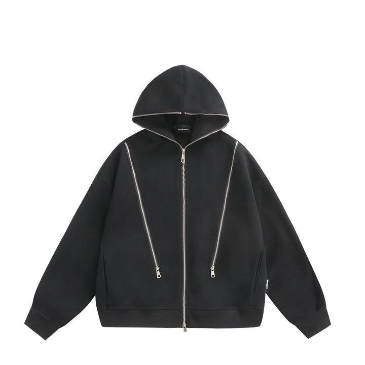 Unisex Hooded Sweat Jacket with Double Zipper and Decorative Seam Panel Mune Fashion