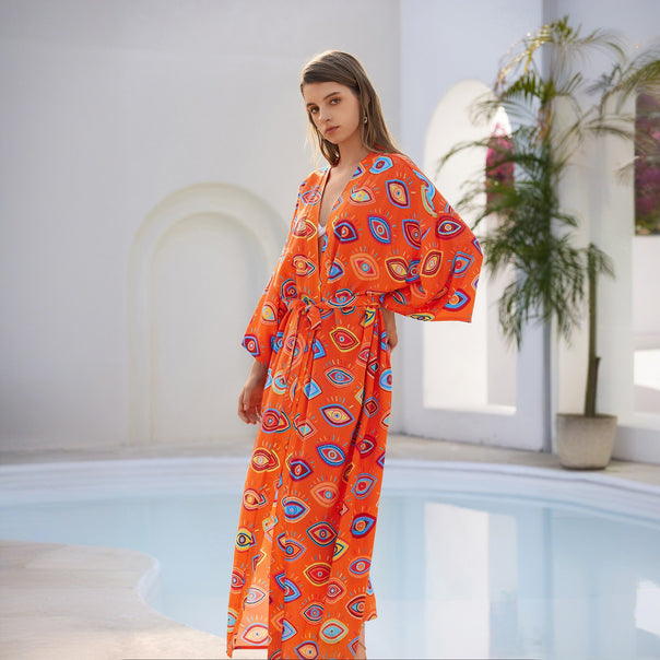 Women Long Kaftan-Kimono with Waist Belt, V-Neck & Graphic Eye Print Mune Fashion