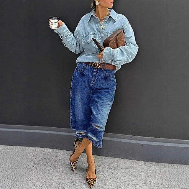 Women High-Waisted Denim Culotte with Destroyed Inserts and Raw Hem Mune Fashion
