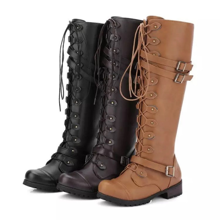 Women's knee-high lace-up boots with adjustable decorative buckles and robust tread sole Mune Fashion