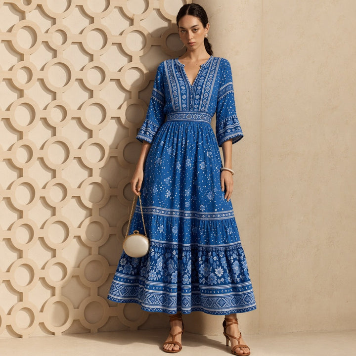 Women long Boho-maxi dress with V-neck, gathered waist and multi-layered tiered skirt Mune Fashion