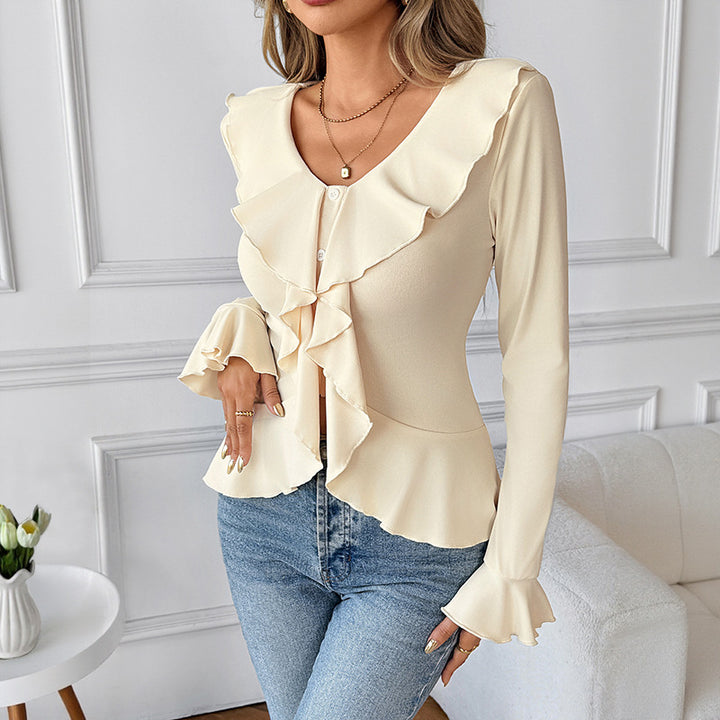 Women's chiffon ruffle blouse with button placket, fitted peplum and ruffled collar Mune Fashion