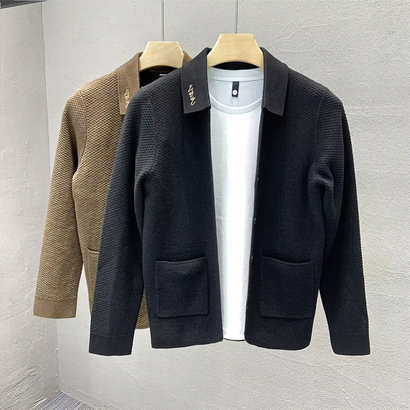 Men's Structured Knit Cardigan with Shirt Collar, Button Placket and Patch Pockets Mune Fashion