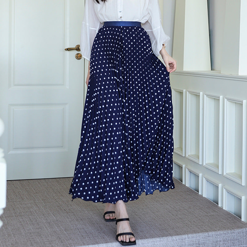 Women's pleated circle midi skirt in retro polka dot design with elastic comfort waistband Mune Fashion