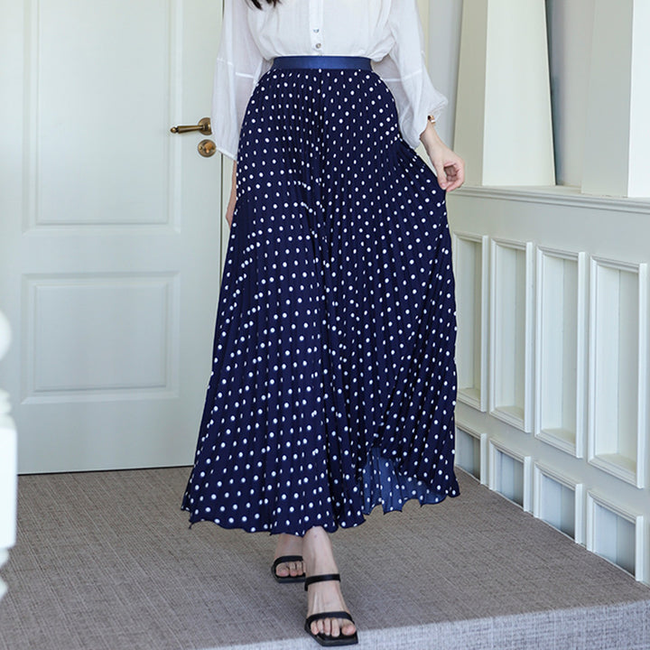 Women's pleated circle midi skirt in retro polka dot design with elastic comfort waistband Mune Fashion