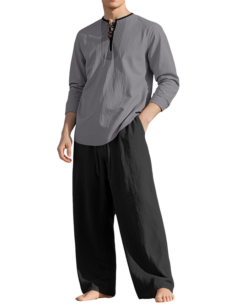 Men's tunic and Palazzo pants set with Henley placket, decorative embroidery and wide cut Mune Fashion