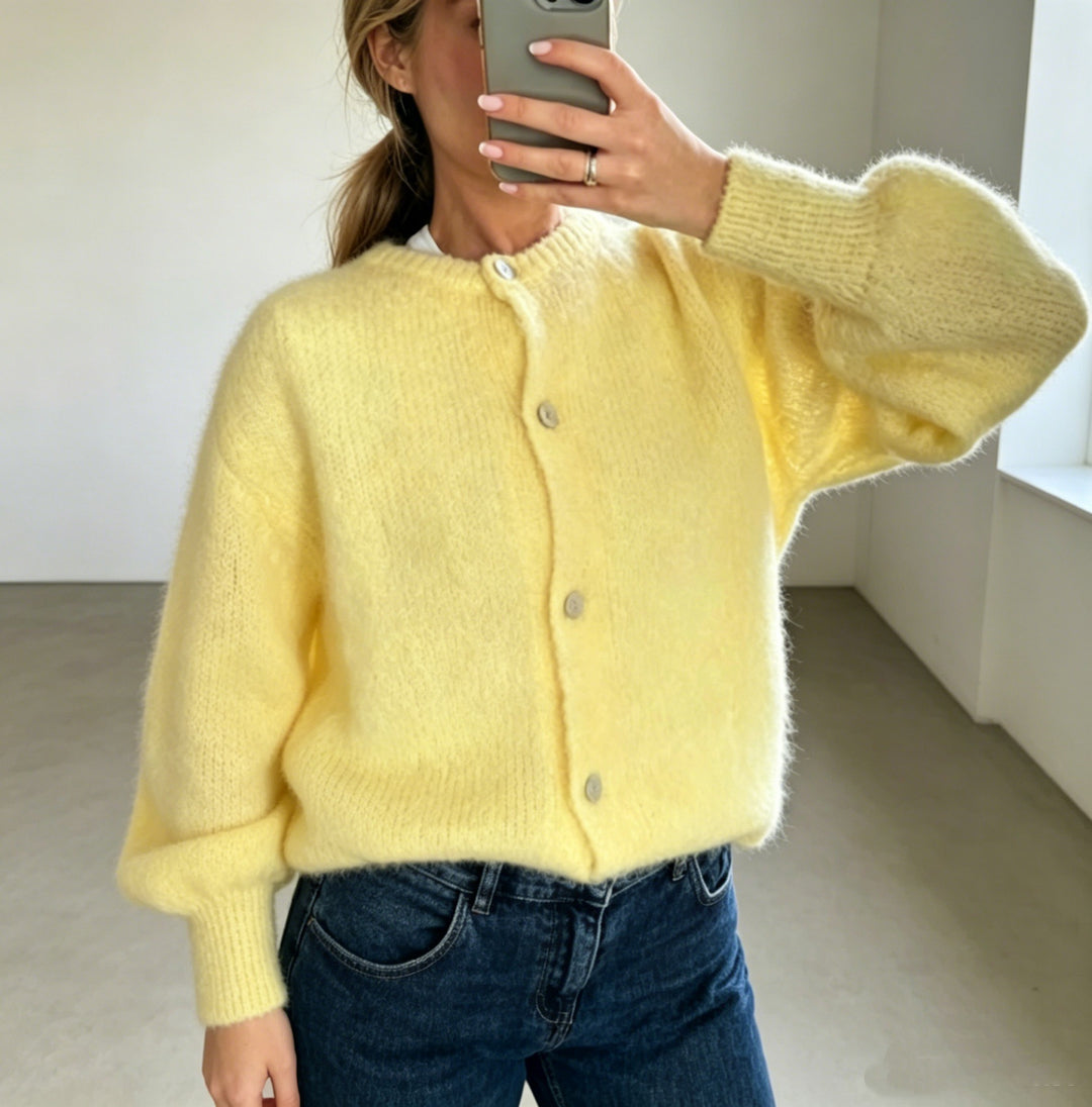 Women's Cozy Mohair-Look Cardigan with Round Neck and Balloon Sleeves Mune Fashion