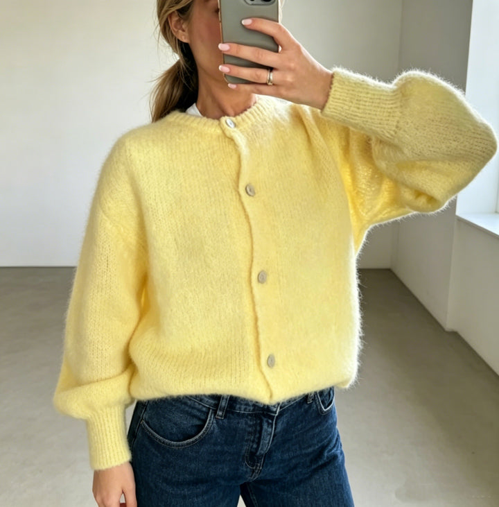 Women's Cozy Mohair-Look Cardigan with Round Neck and Balloon Sleeves Mune Fashion