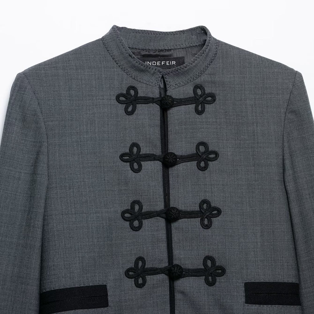 Women's Short Jacket in Mandarin Style with Decorative Knot Closure and Tailored Silhouette Mune Fashion