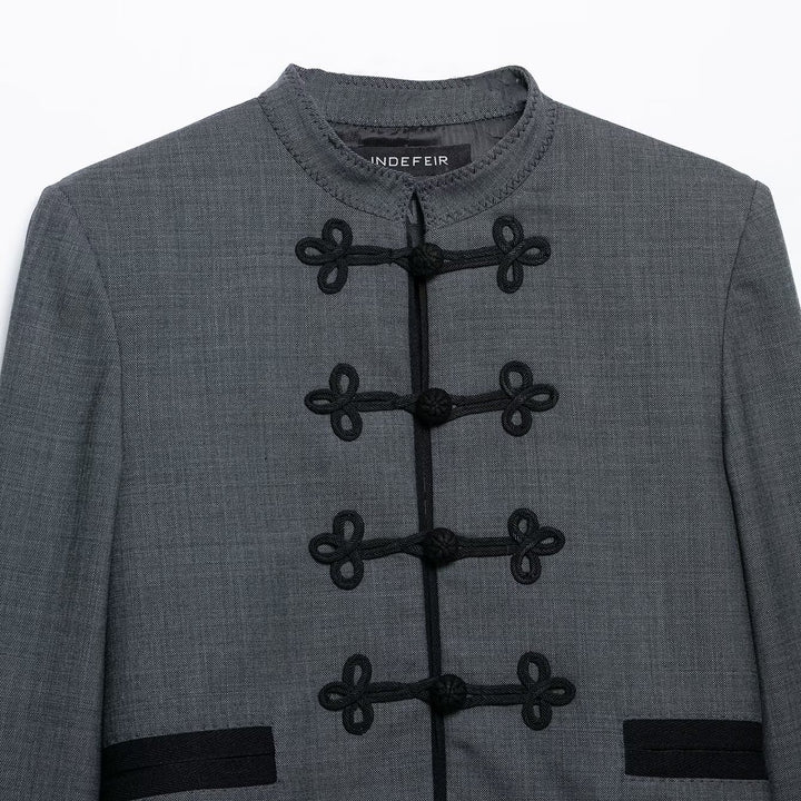 Women's Short Jacket in Mandarin Style with Decorative Knot Closure and Tailored Silhouette Mune Fashion