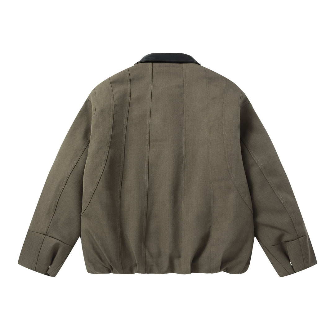 Men's Short Boxy Workwear Blouson with Leather Collar and Vertical Quilting Mune Fashion
