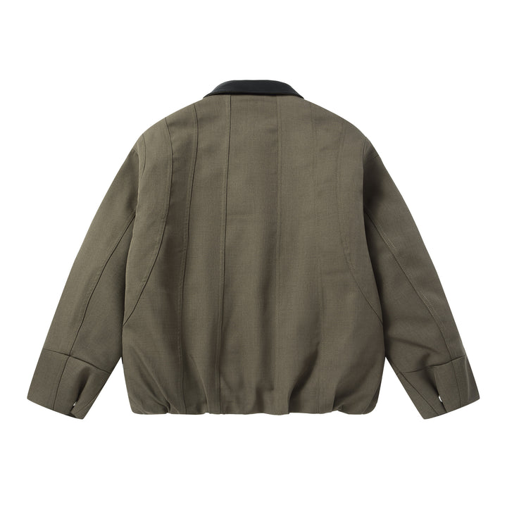 Men's Short Boxy Workwear Blouson with Leather Collar and Vertical Quilting Mune Fashion