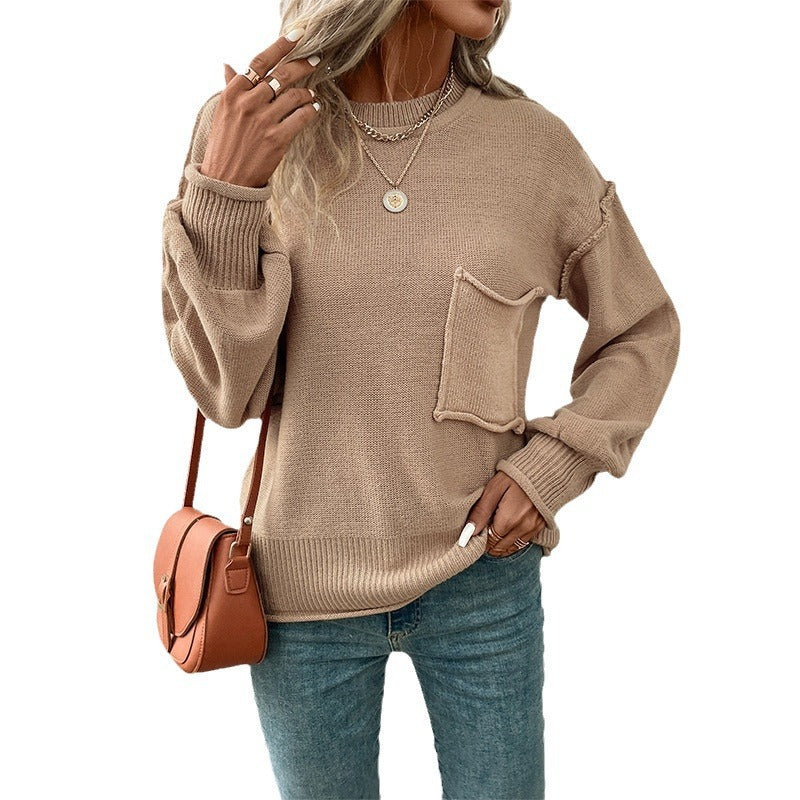 Women Casual Knit Sweater with Patch Pocket Mune Fashion