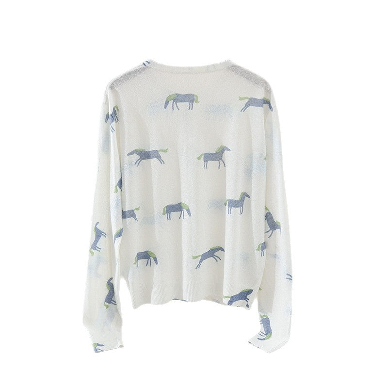 Women's finely knitted button cardigan with horse print and round neck Mune Fashion