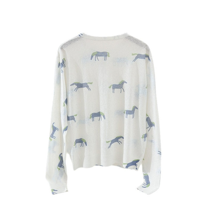 Women's finely knitted button cardigan with horse print and round neck Mune Fashion