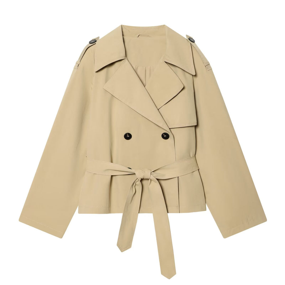 Ladies short-cut trench coat with waist belt and shoulder flaps Mune Fashion