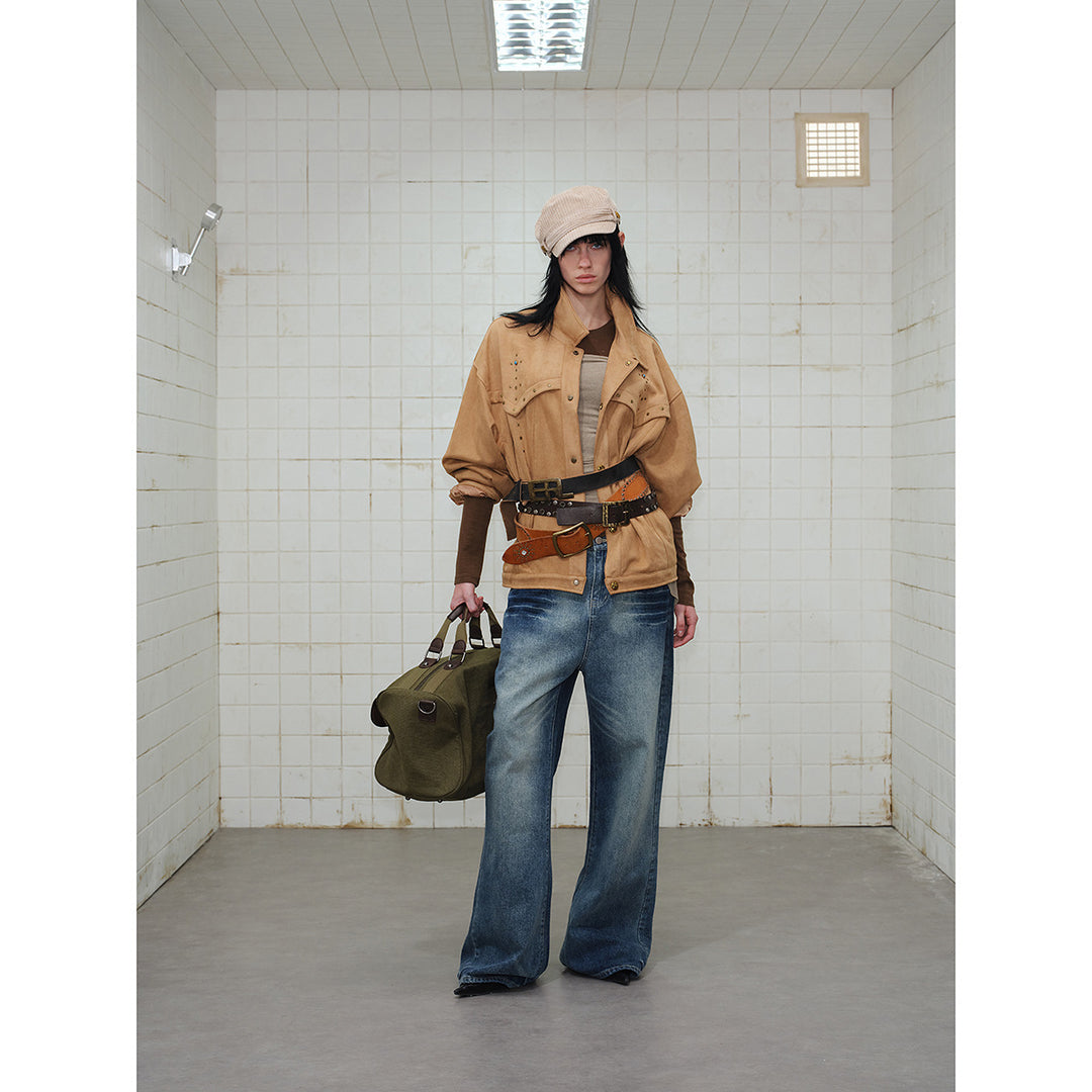 Women's Short Cut Suede-Look Blouson Jacket with Western Yoke and Stud Application Mune Fashion