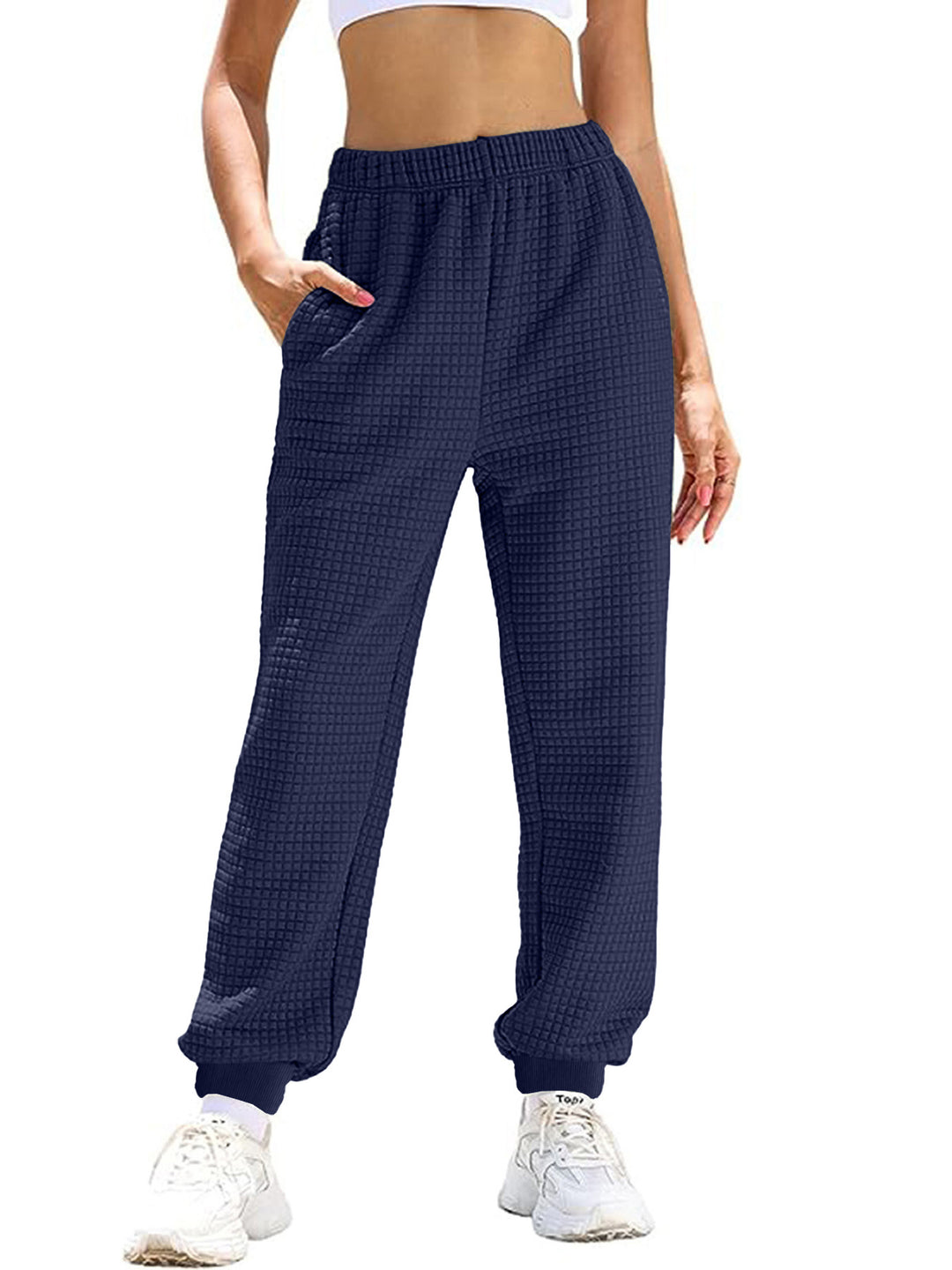 Women's Casual Waffle Knit Lounge Pants with High Elastic Waistband and Cuffs