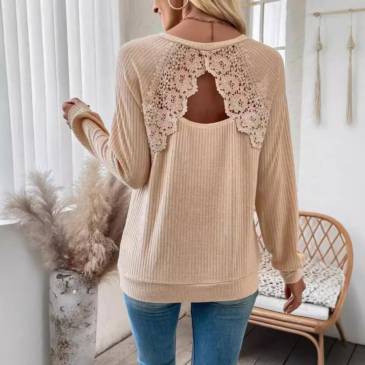Women's ribbed long sleeve shirt with floral lace appliqué and distinctive back cut-out Mune Fashion