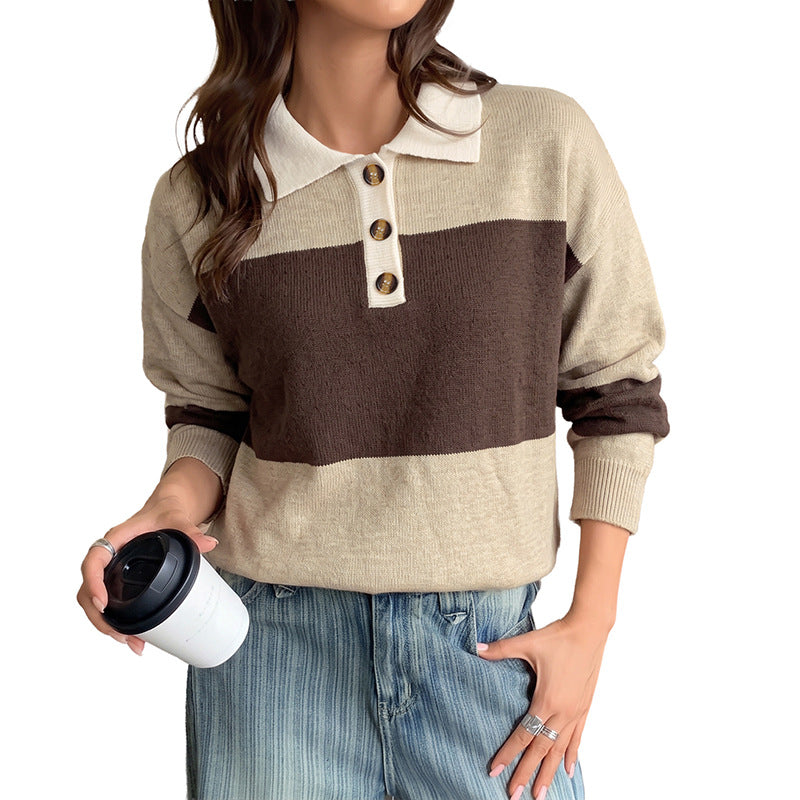 Women Striped Fine Knit Polo with Button Placket and Loose Fit Mune Fashion