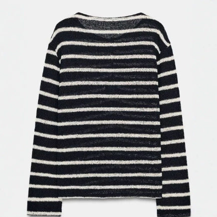 Women Striped Fine Knit Sweater with Back Buttons and Boat Neck Mune Fashion