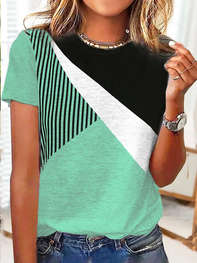 Women's Colorblock Long Sleeve Shirt with Diagonal Stripe Design and Round Neckline Mune Fashion