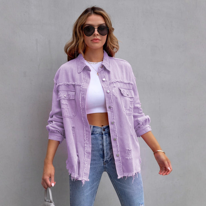 Women's oversized utility denim shirt jacket with fringe trim and patch pockets Mune Fashion