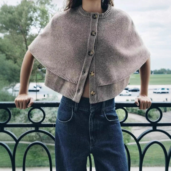 Women's cape cardigan with full button placket and double-layered hem Mune Fashion