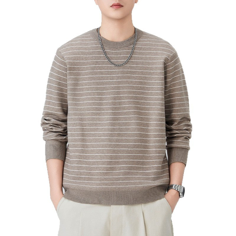 Men's fine-knit sweater with subtle horizontal stripes and ribbed finishes