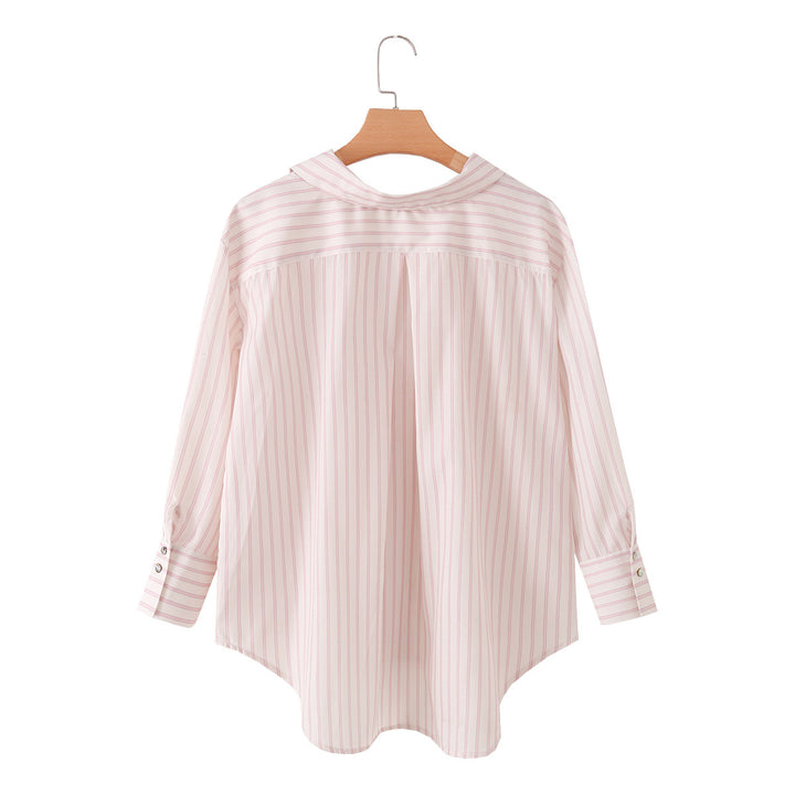 Women Loose Fit Shirt Blouse with Deep V-Neck and Extended Back Hem Drune