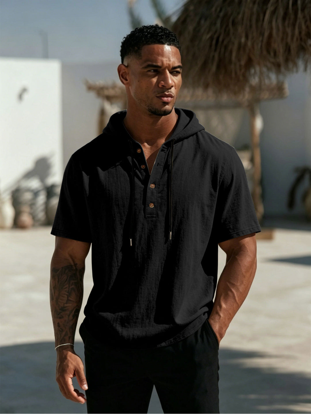 Men's Short Sleeve Hoodie Henley in Linen Look with Button Placket Mune Fashion