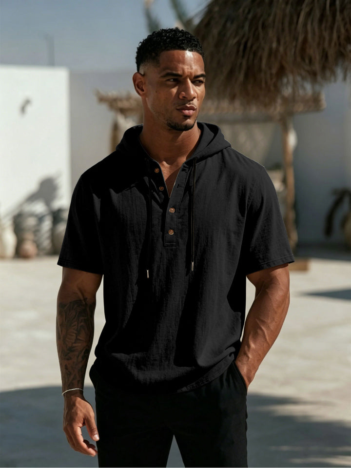 Men's Short Sleeve Hoodie Henley in Linen Look with Button Placket Mune Fashion