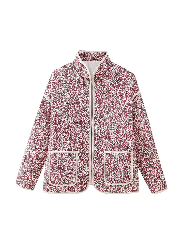 Women's quilted floral jacket with stand-up collar, zipper, and patch pockets Mune Fashion