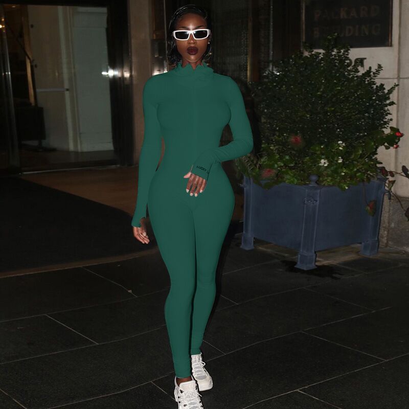 Women Figure-hugging Ribbed Knit Overall with Stand-up Collar and Front Zipper Mune Fashion